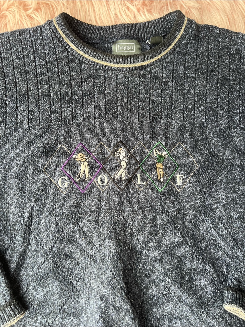 Haggar Charcoal Gray Golf Crewneck Sweater with Multicolor Embroidery